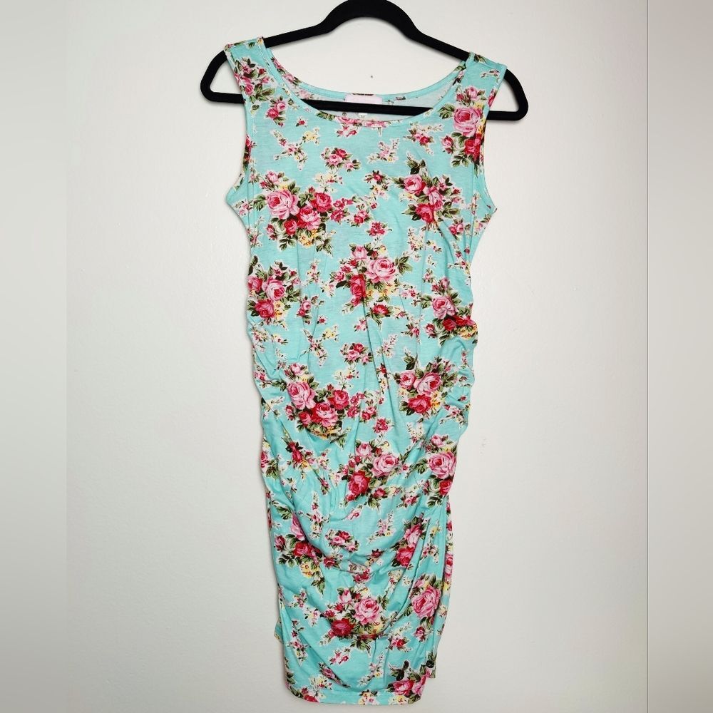 BHome Teal Floral Maternity Bodycon Tank Dress w ruching, Size M (8-10)